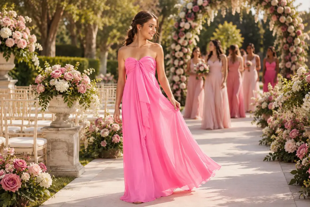 Junior bridesmaid in pink chiffon wedding gown