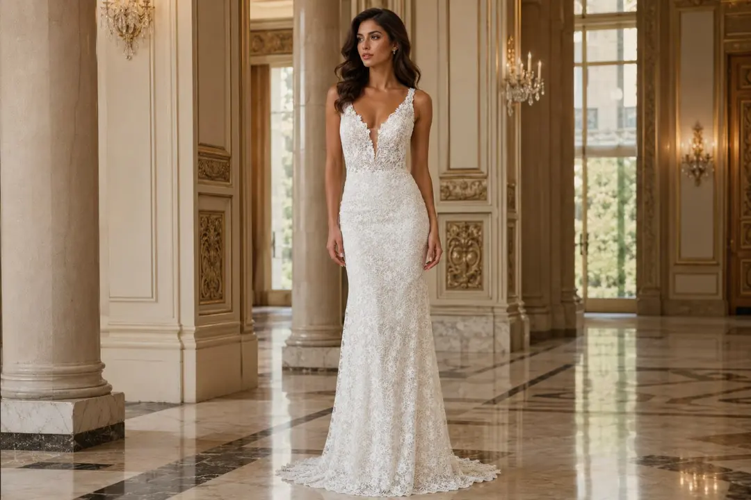 Lace fitted courthouse bridal gown indoors