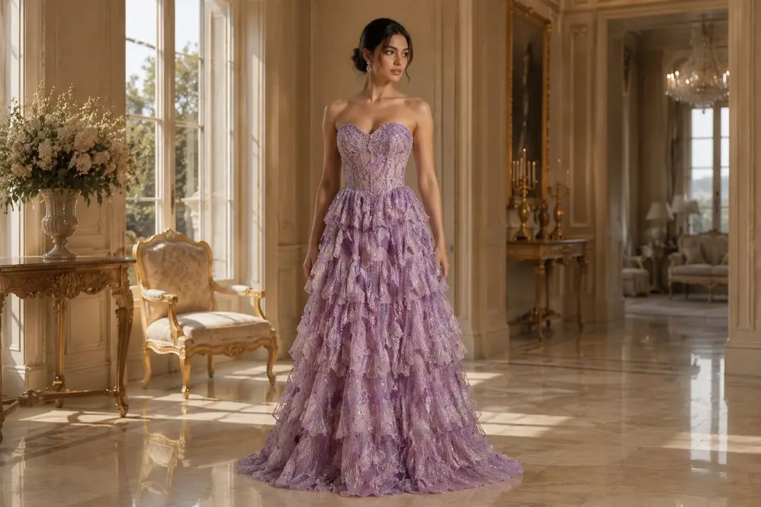 Lavender strapless layered gown