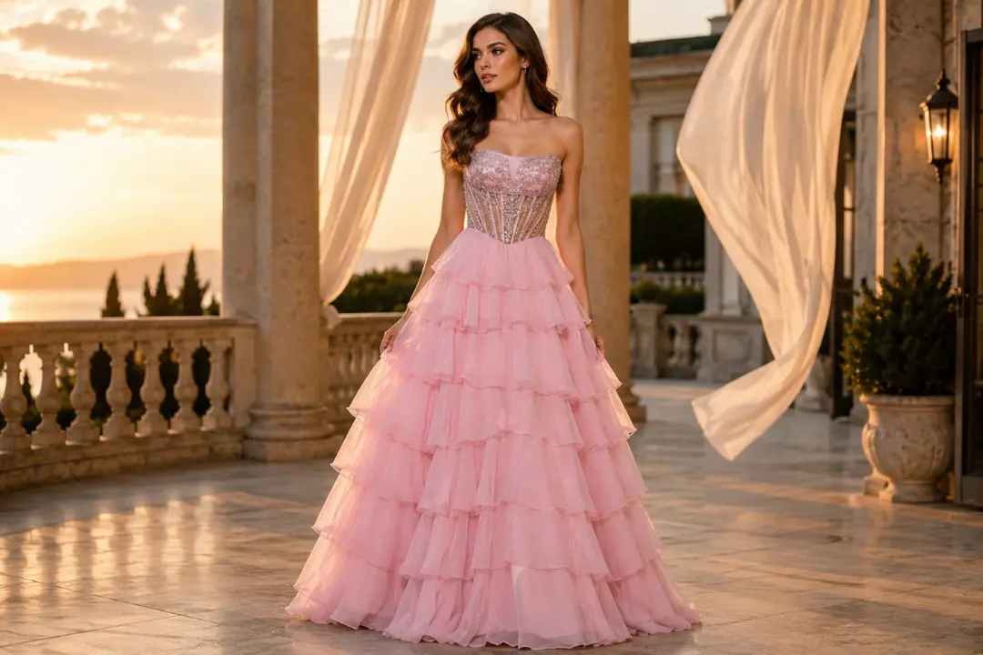 Layered A-line gown with soft formal waves