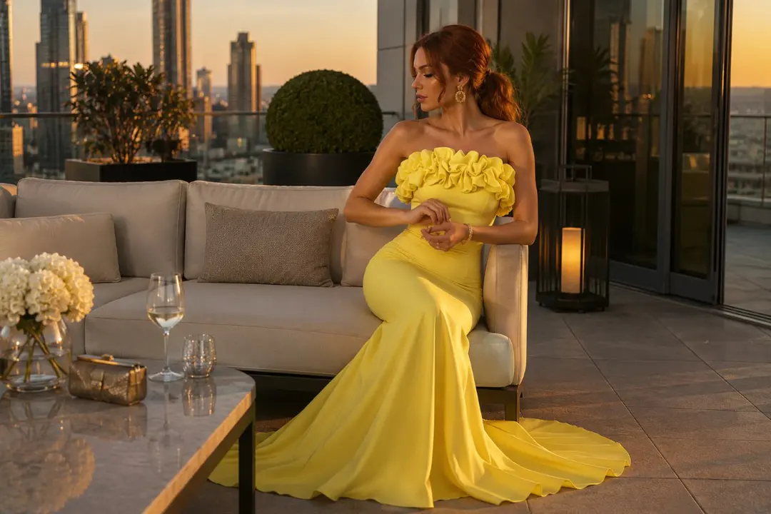 Lemon yellow mermaid gown with luxury styling