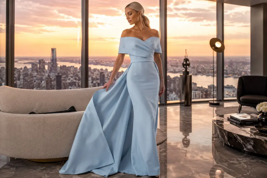 Royal blue gown showcasing elegant evening train