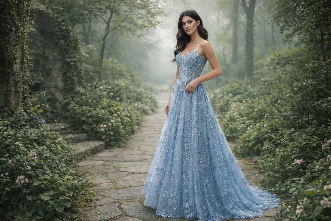 Light blue embellished gown in a soft, whimsical style