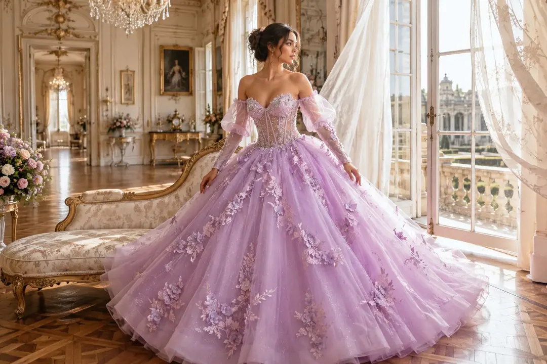 Lilac floral quinceañera mixed fabric gown