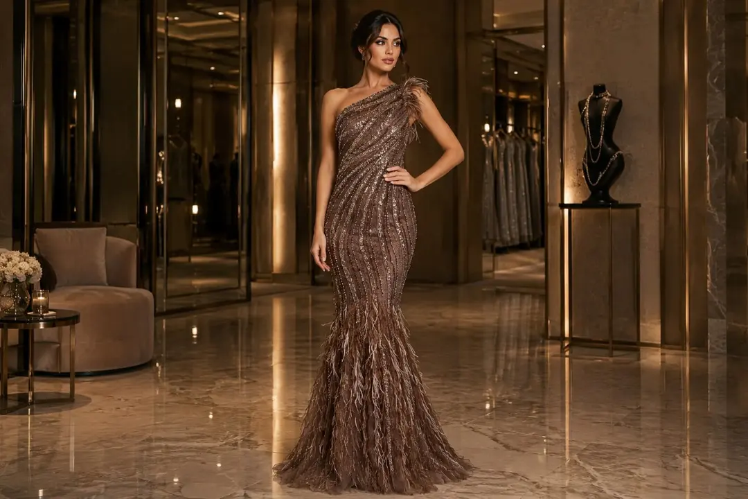 Luxury embellished mermaid gown with feather detailing and couture silhouette