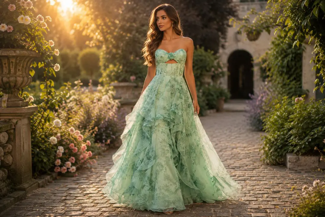 Mint green partial tiered A-line gown in sunlit garden