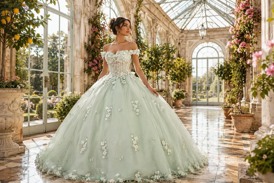 Mint green quinceañera floral ball gown