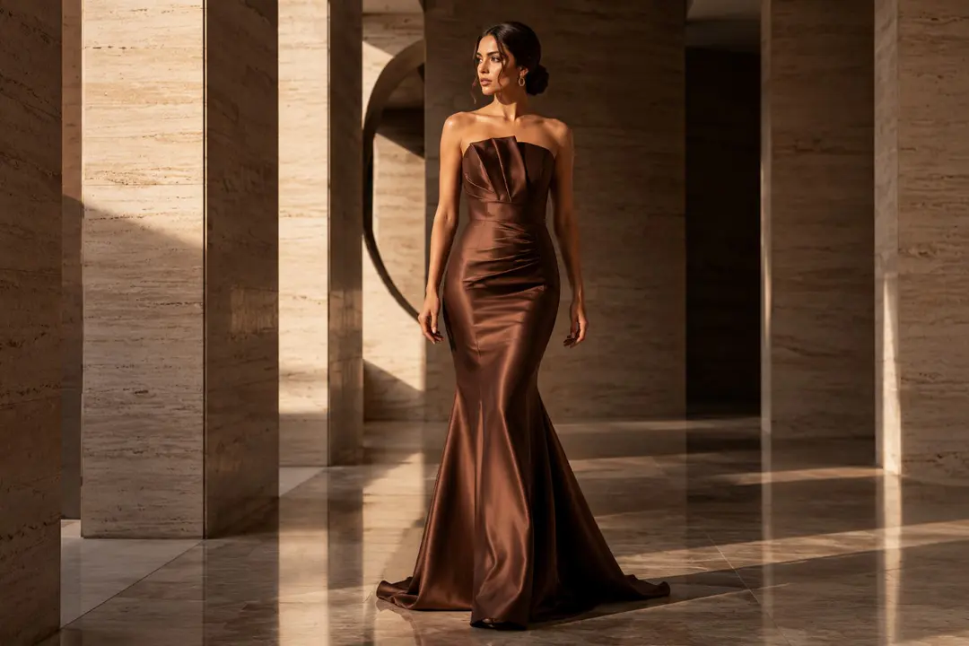 Mocha brown satin mermaid prom dress indoors