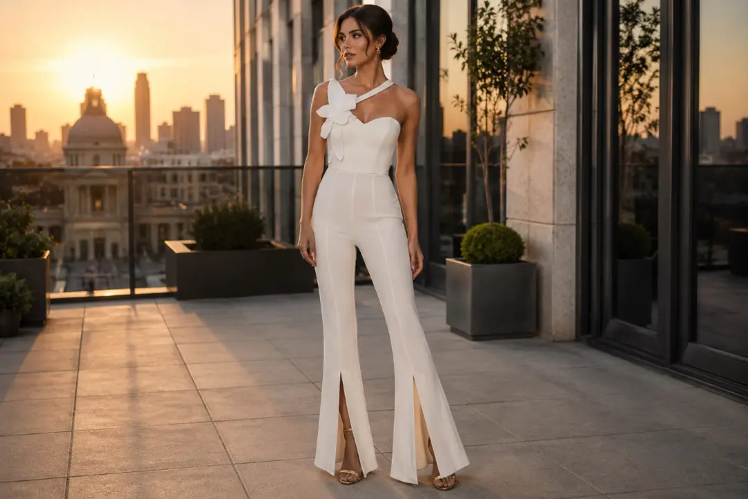 Modern bridal jumpsuit on rooftop terrace