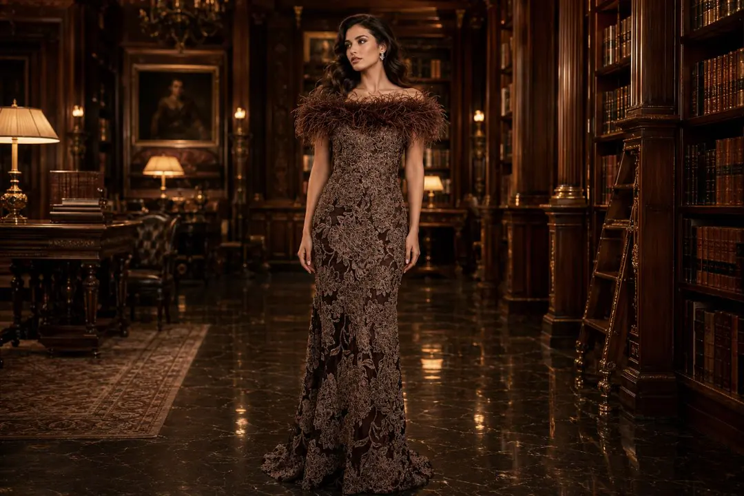 Brown embroidered modest evening gown with feather neckline