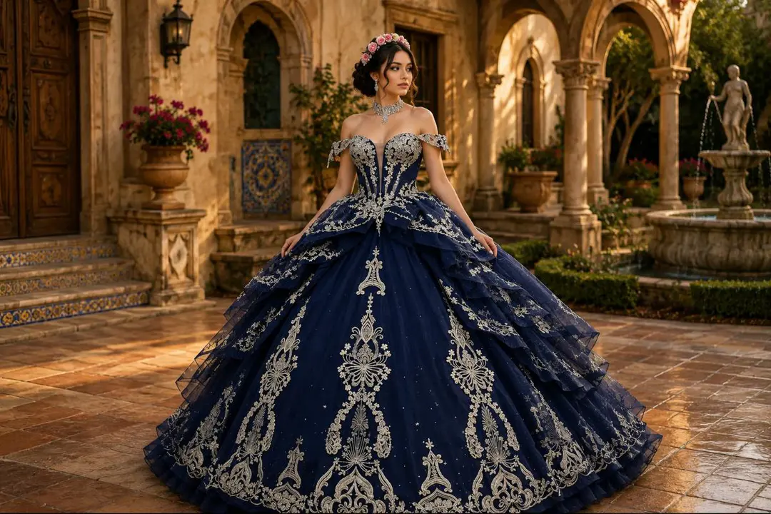 Navy blue Quinceañera ball gown with silver embroidery in royal courtyard