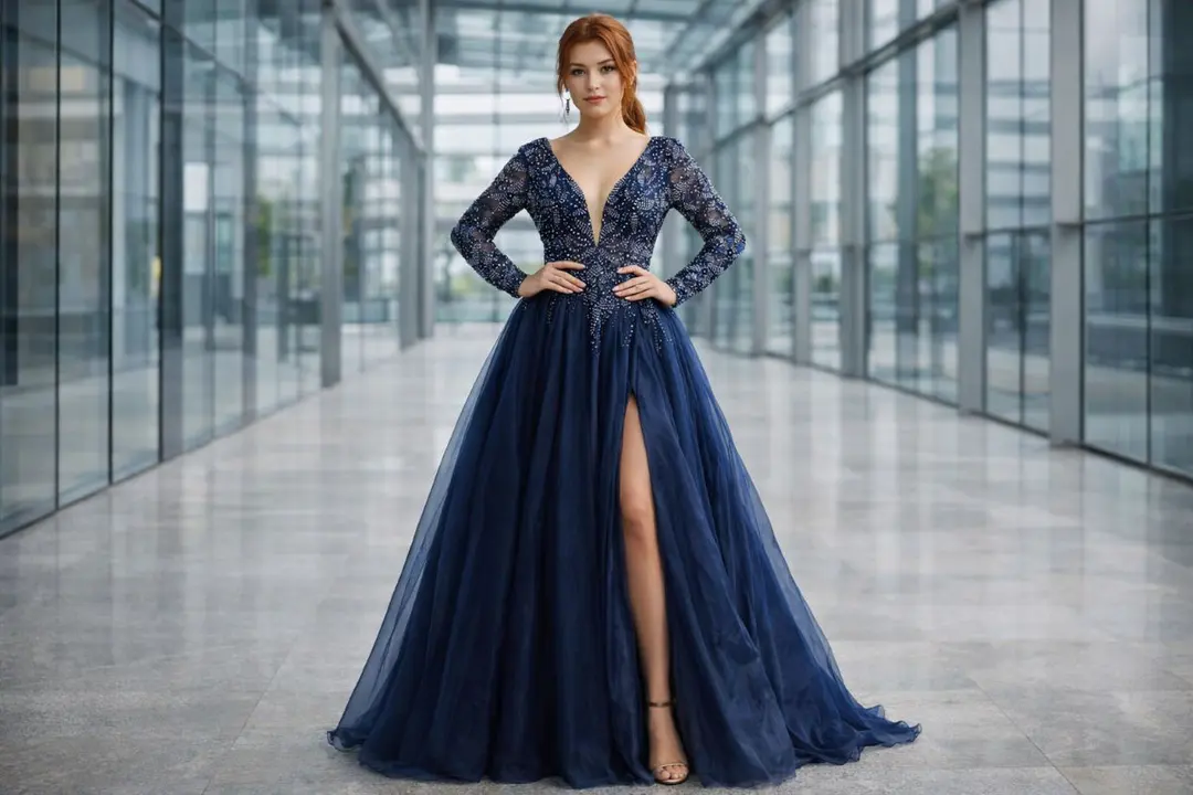 Navy crystal embellished gown with voluminous skirt