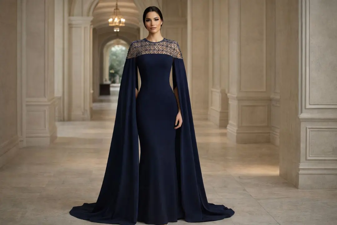 Navy long sleeve gown with a sheer embellished neckline
