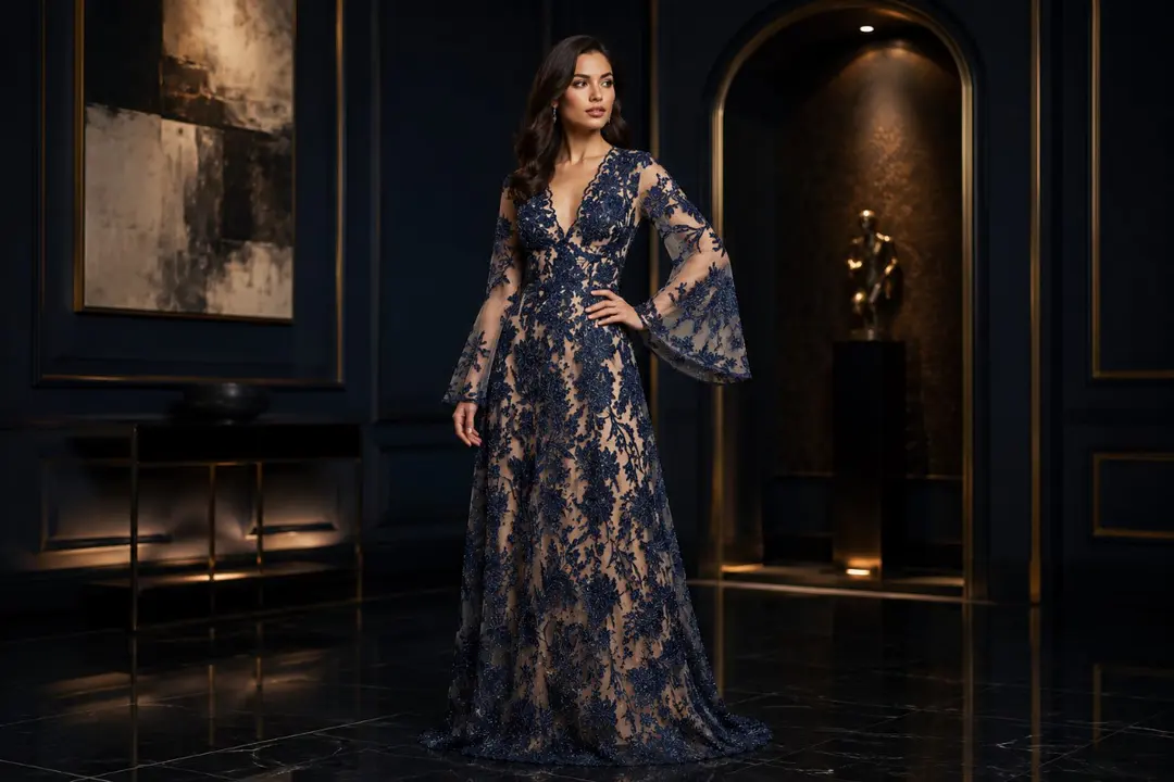 Navy embroidered evening gown with illusion lace and bell sleeves