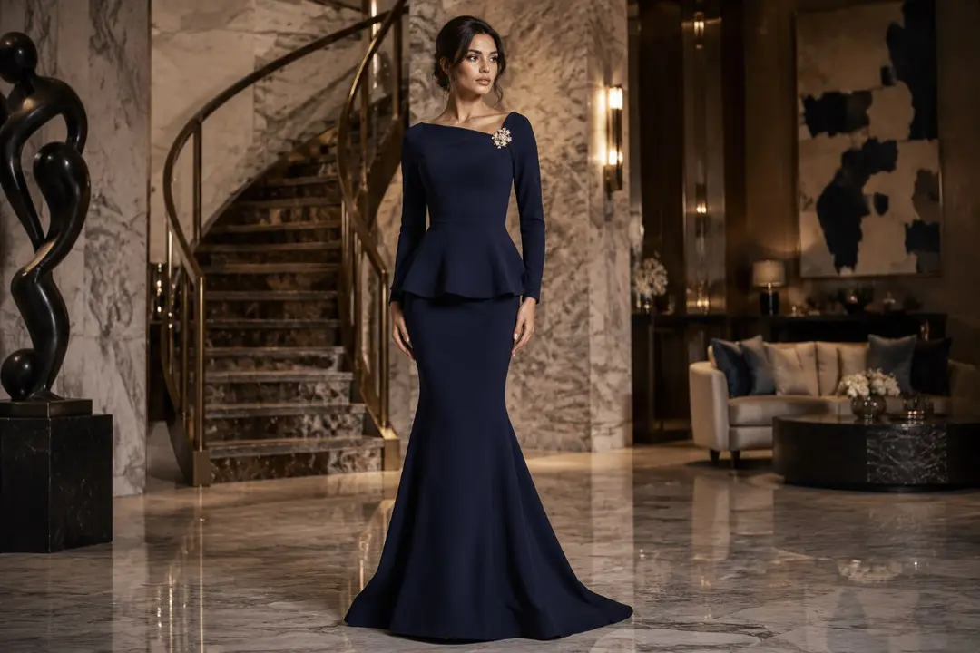 Navy mermaid peplum gown editorial style