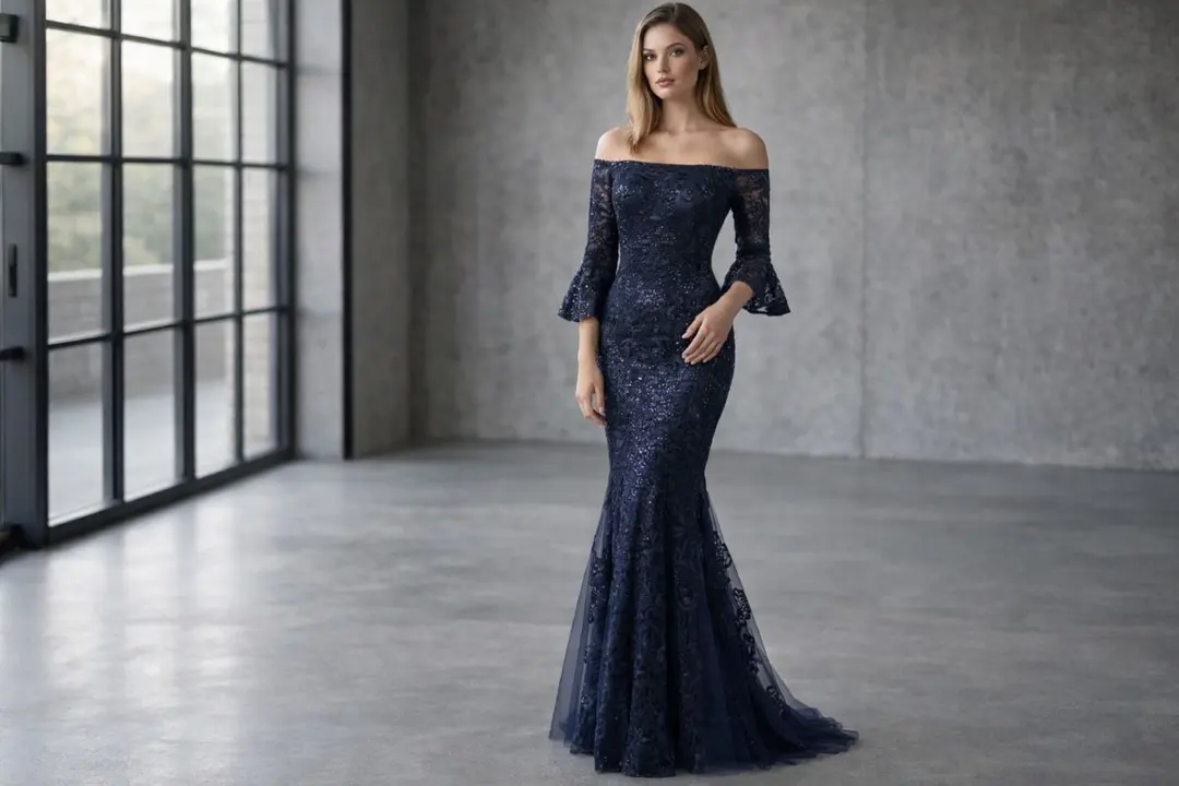 Off shoulder navy lace mermaid gown