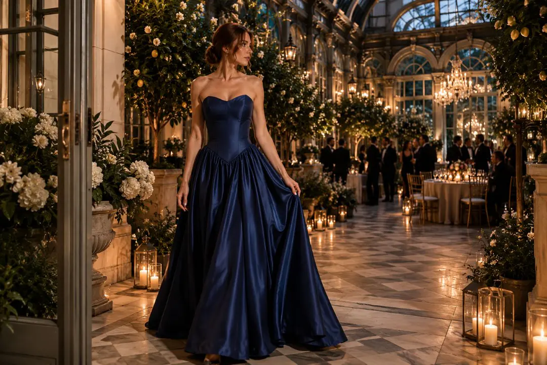 Navy satin wedding guest formal gown