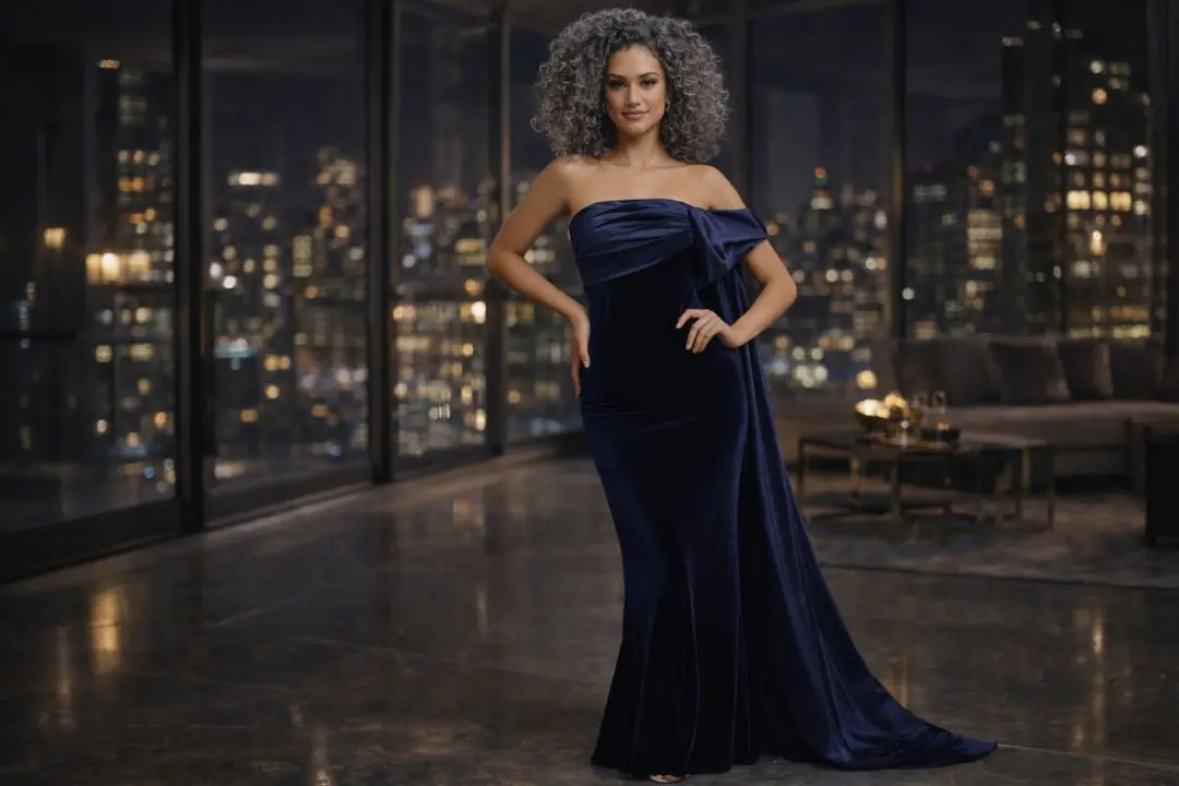navy velvet strapless evening gown with draped detail
