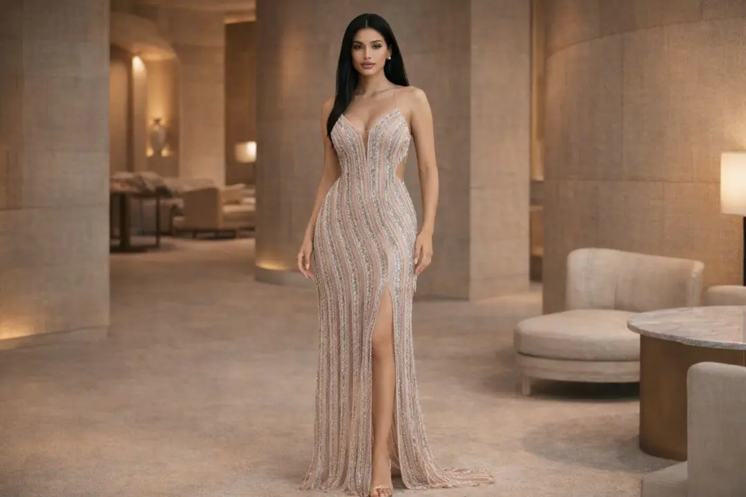 nude beaded fitted prom dress with vertical lines