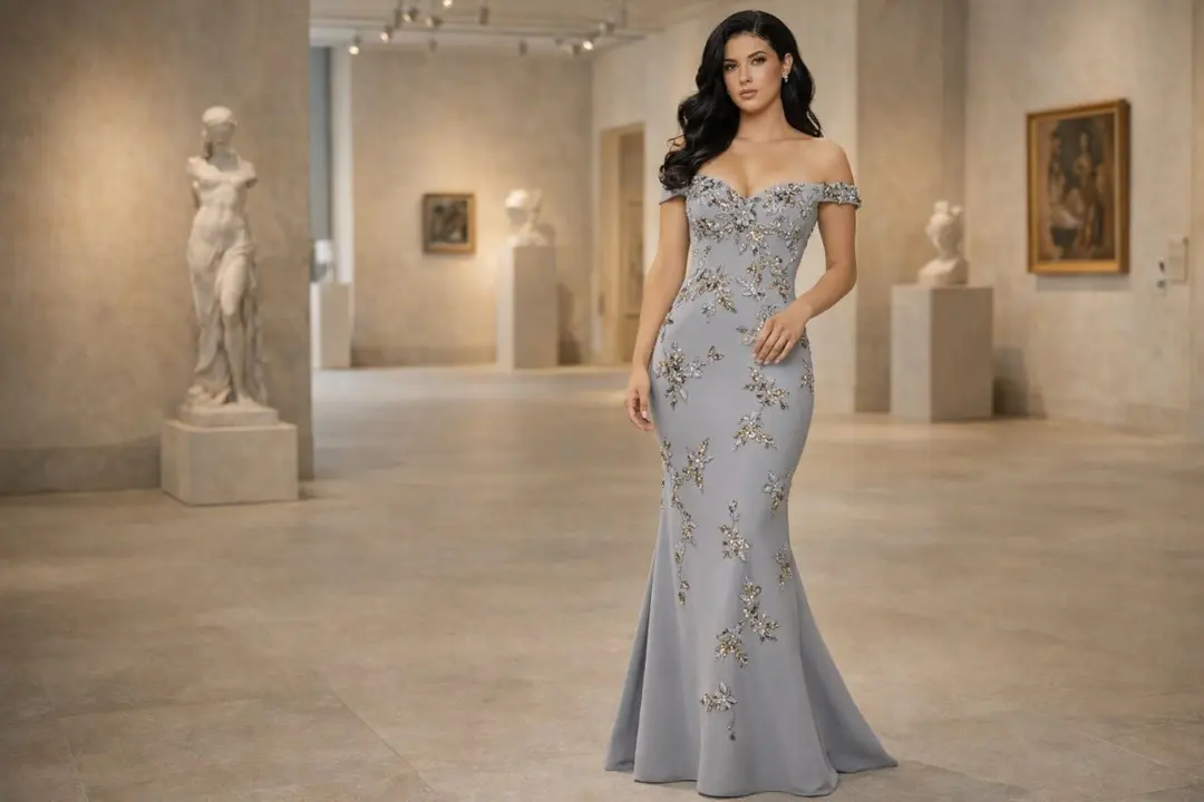 off shoulder floral gray evening gown
