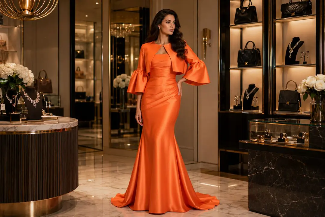 Woman in orange satin evening gown inside luxury accessories salon