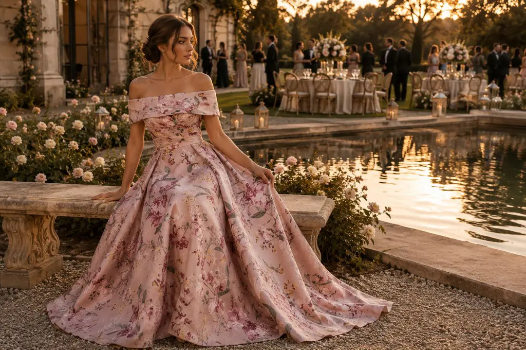 Pink floral formal wedding guest gown