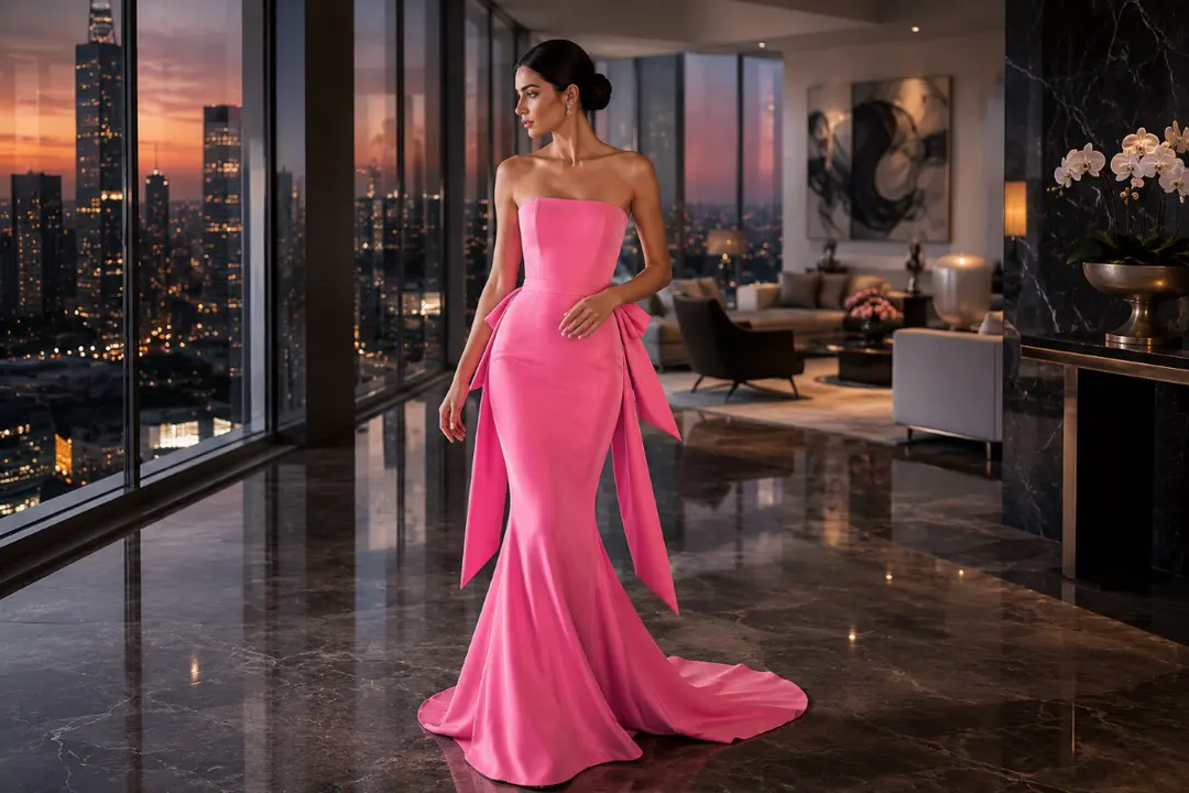Pink fitted prom gown showing directional draping and skirt shaping