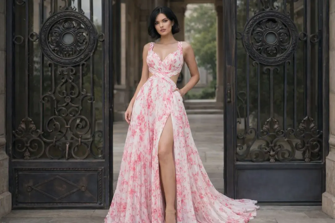 pink printed A-line prom dress with slit