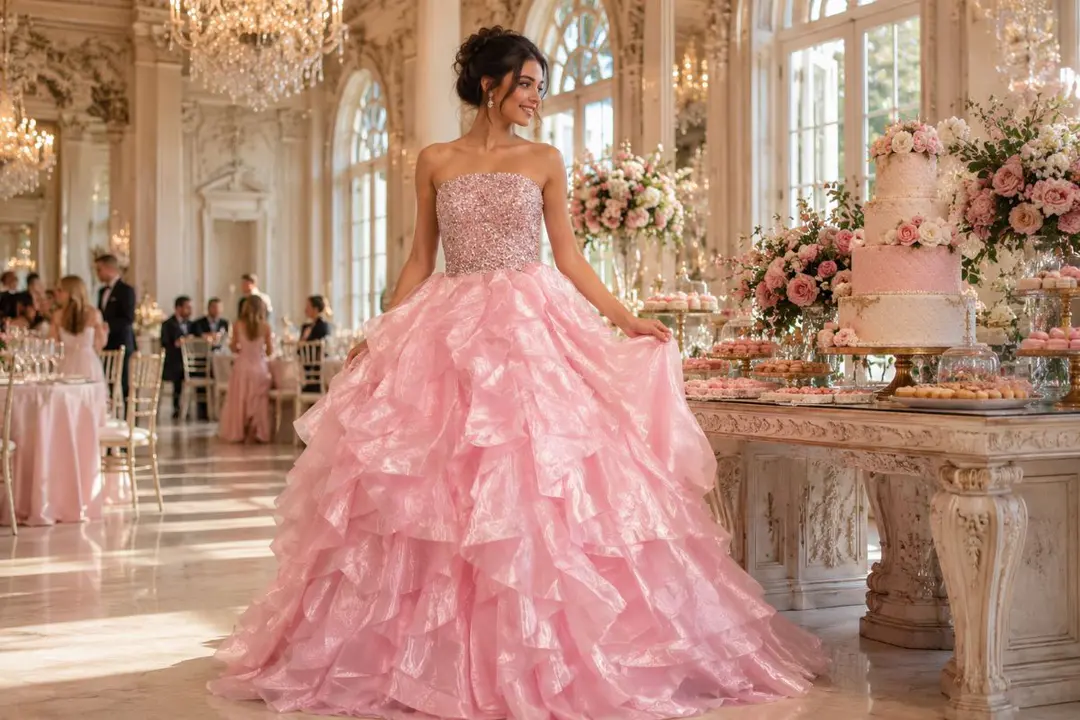 Pink ruffled girls party gown editorial