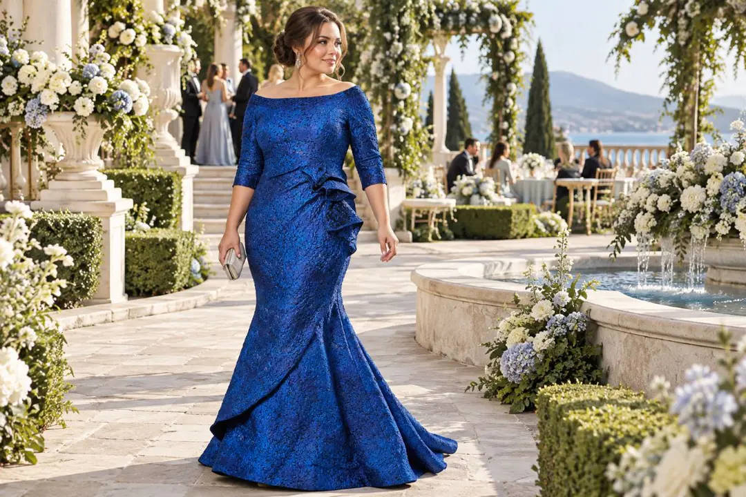 Plus size royal blue mermaid wedding guest gown with sleeves