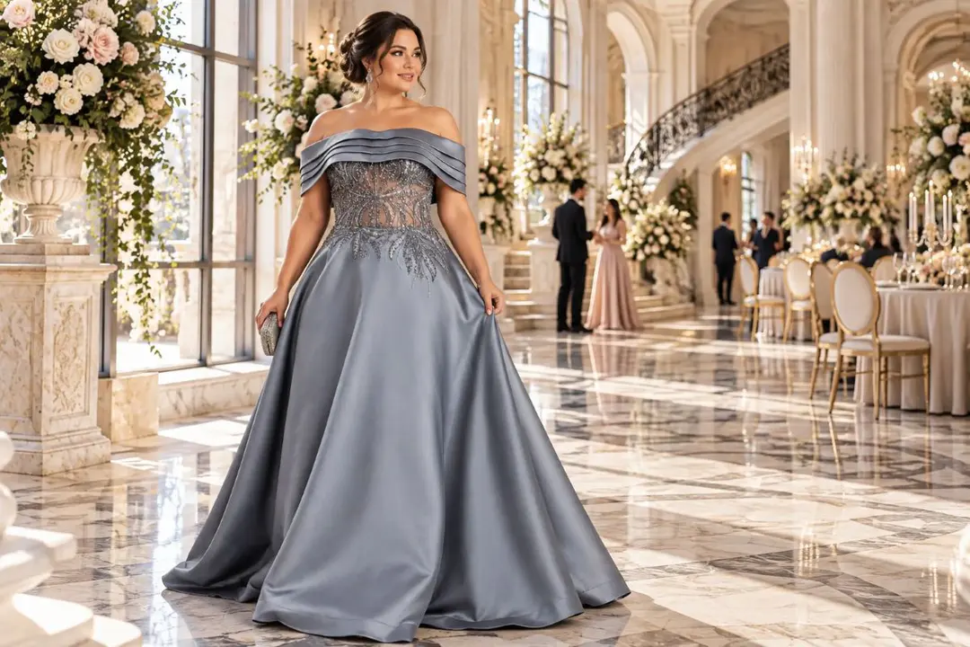 Plus size structured wedding guest gown
