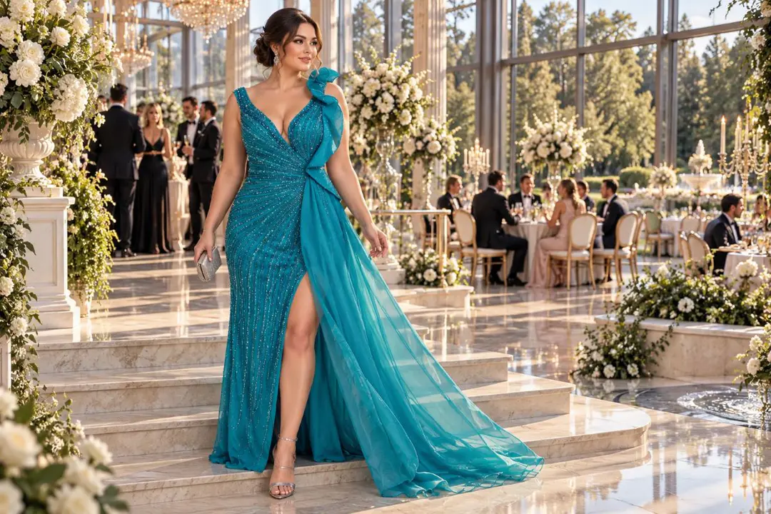 Plus size teal sequin wedding guest gown with a high slit