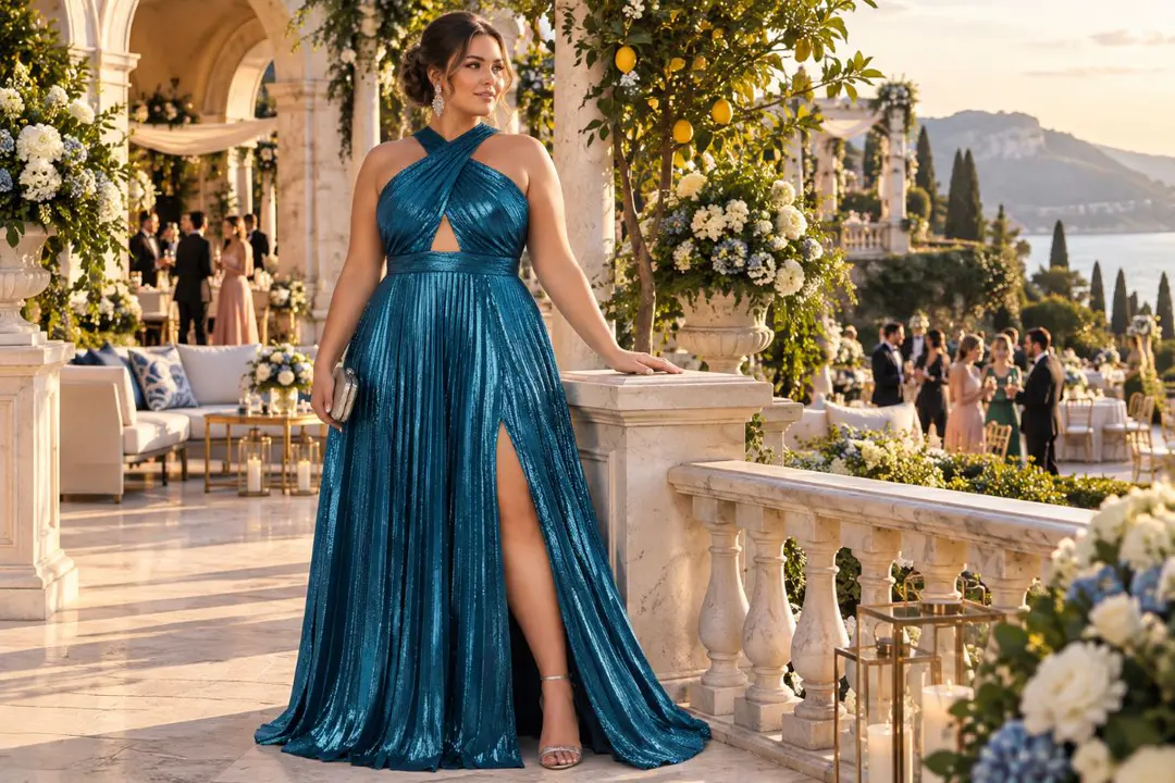 Plus size teal pleated halter gown for a summer wedding guest