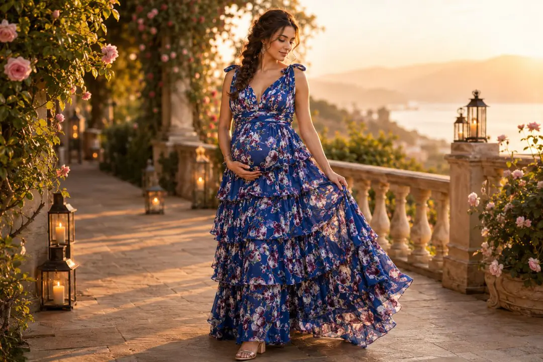 Pregnant woman wearing blue floral tiered evening gown