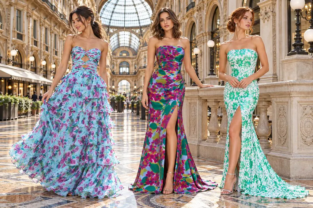 Printed prom dresses in chiffon satin and sequins