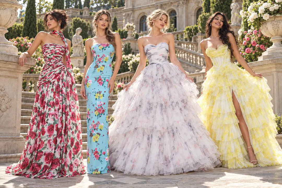 Printed prom dresses in four silhouettes
