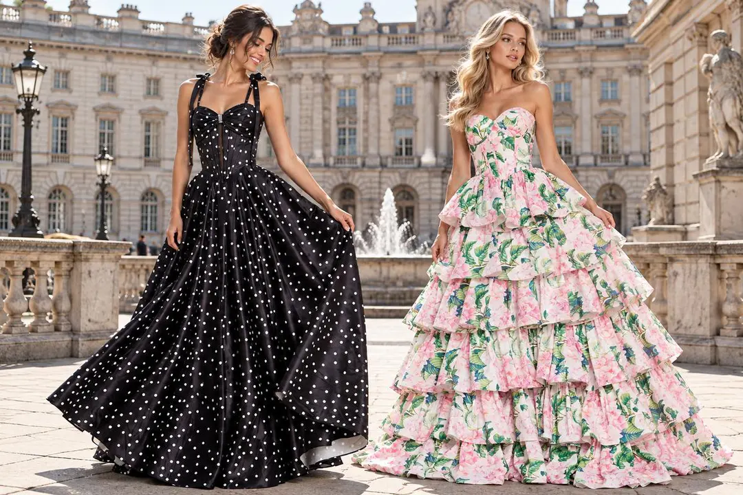 Printed prom dresses with different print scales