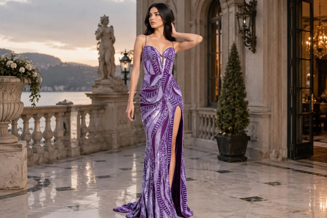 Purple beaded evening gown with high slit