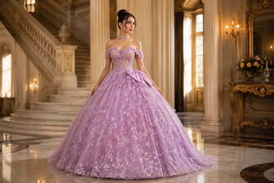 Black-haired model in Quinceanera gown, early research phase
