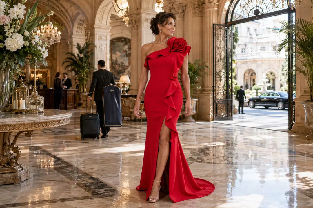 Red crepe mother bride travel gown