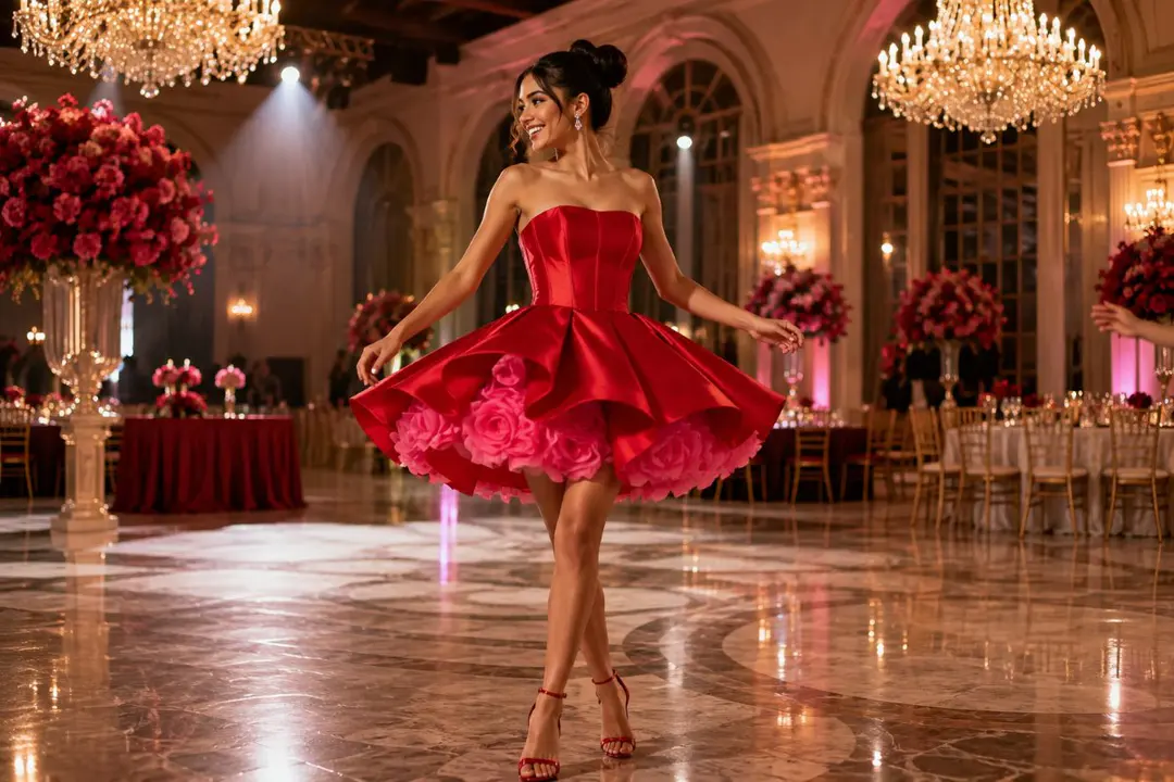 Red fit and flare homecoming dress twirl
