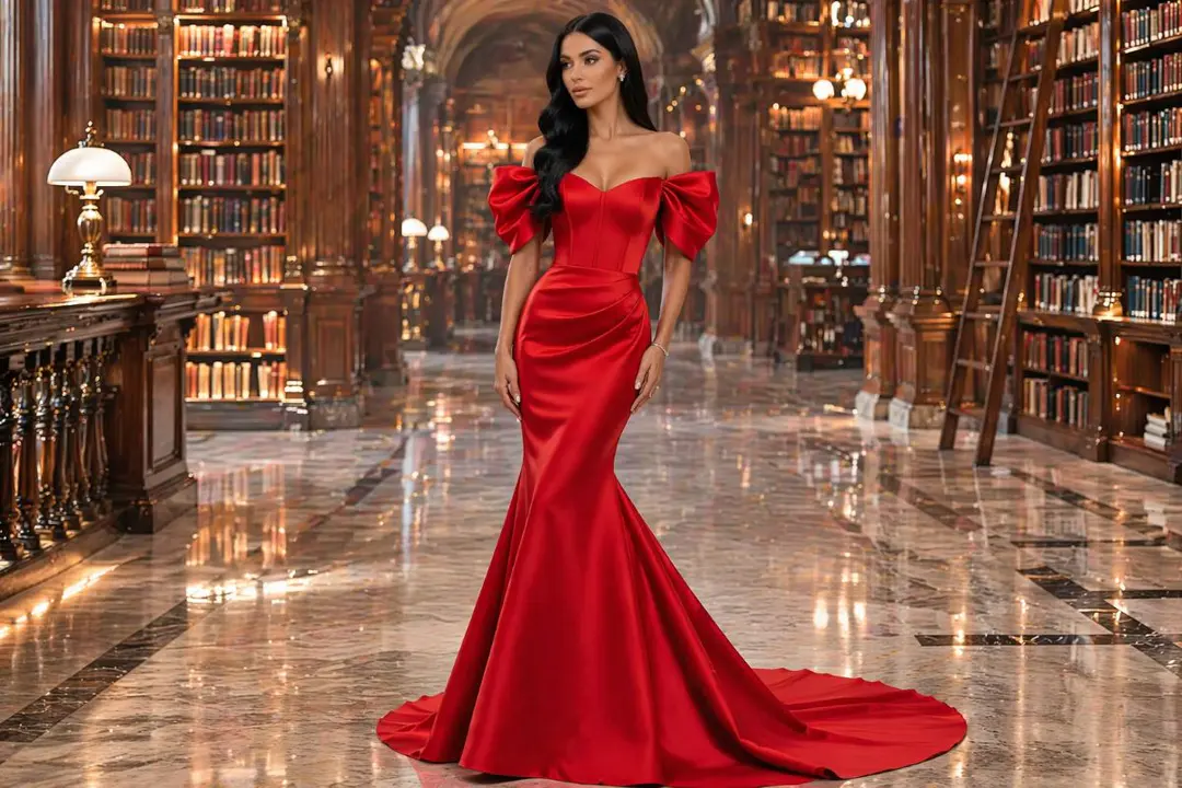 gold beaded evening gown with feather shoulders