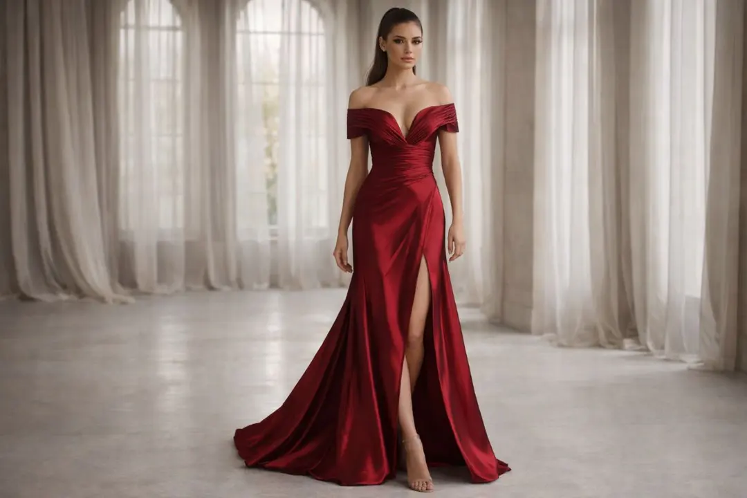 Red satin off shoulder gown with high slit