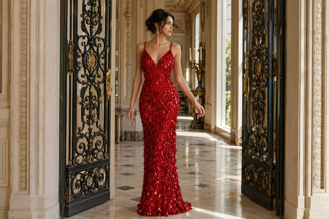 Red sequin prom gown architectural editorial