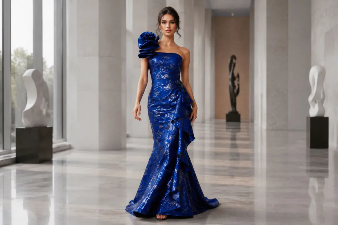 Royal blue mermaid gown editorial fashion look