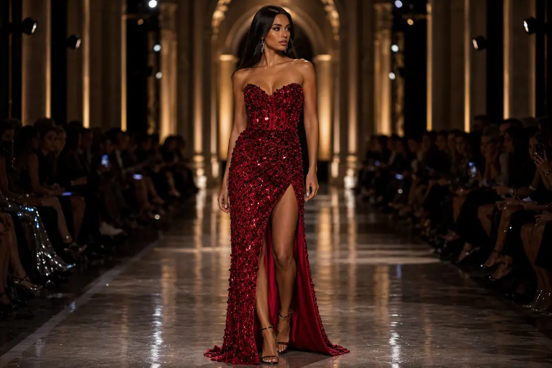 Ruby red sequined gown with high slit