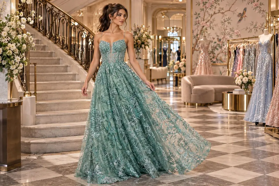 Sage embellished A-line prom gown boutique