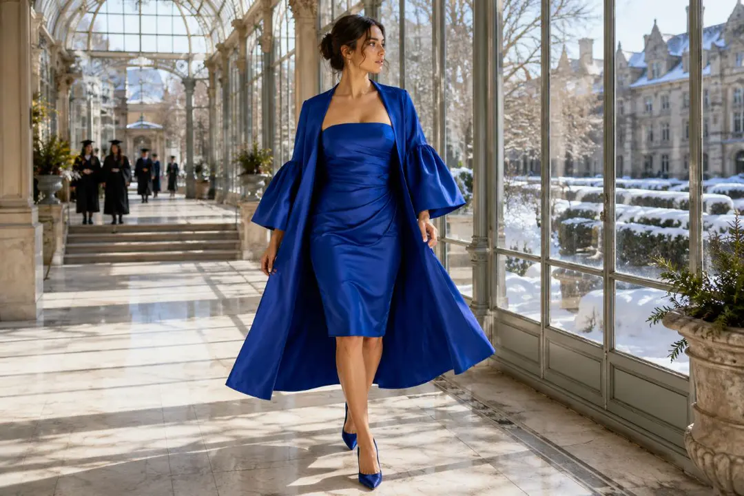 Sapphire satin winter graduation dress ensemble