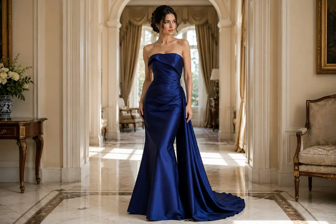 Sapphire strapless evening gown with open neckline for fair skin