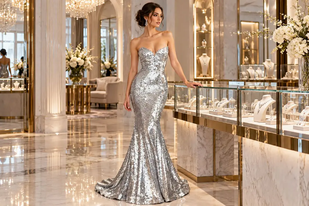 Silver sequin prom dress crystal earrings